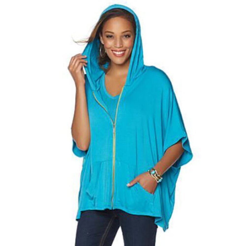 LOVE TWIGGY LONDON Hooded Poncho Top Blue Teal Cape‑Style Hoodie XL